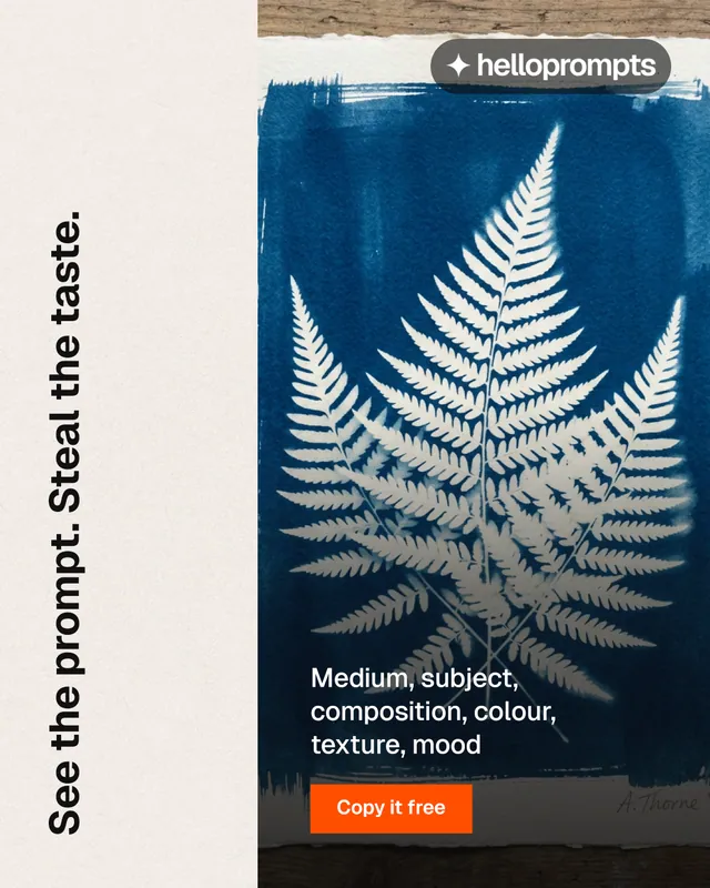 Instagram portrait post for HelloPrompts: "See the prompt. Steal the taste." Swiss style, vertical layout, light palette in blue, white, grey.