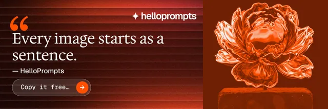 X header for HelloPrompts: "See the prompt. Steal the taste." Agentic glass style, quote layout, dark palette in red, orange.