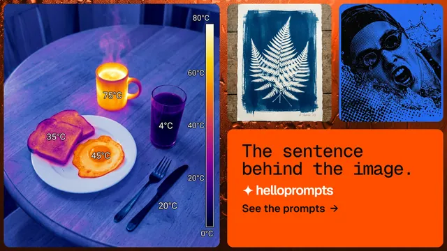 Landscape graphic for HelloPrompts: "The sentence behind the image." Agentic glass style, collage layout, dark palette in blue, red, grey.