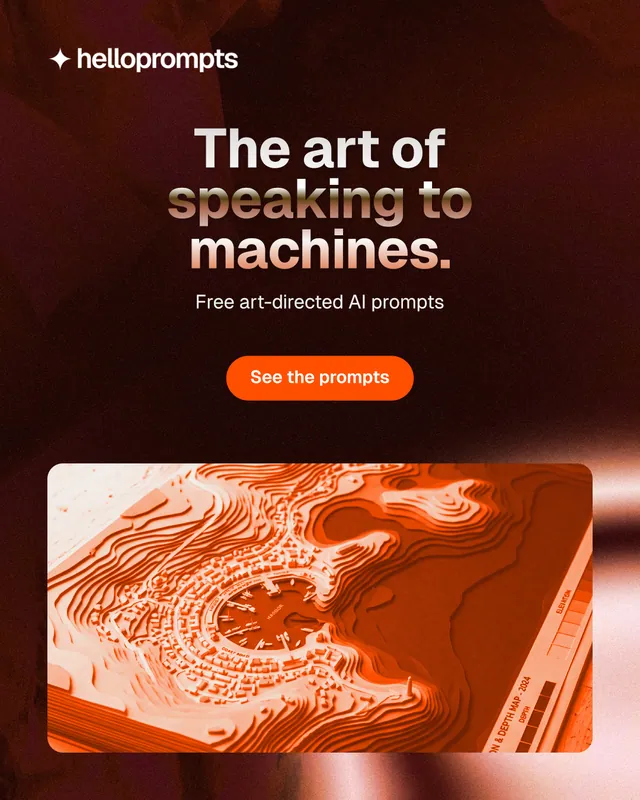 Instagram portrait post for HelloPrompts: "The art of speaking to machines." Y2K style, centred layout, dark palette in red, black, orange.