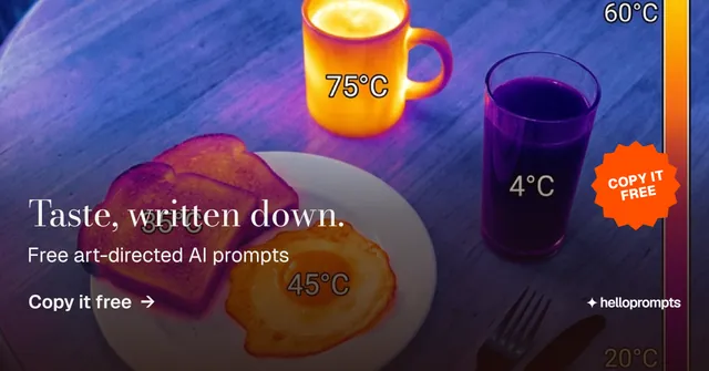 Social ad for HelloPrompts: "Taste, written down." Minimal luxury style, sticker layout, dark palette in purple, blue, pink.
