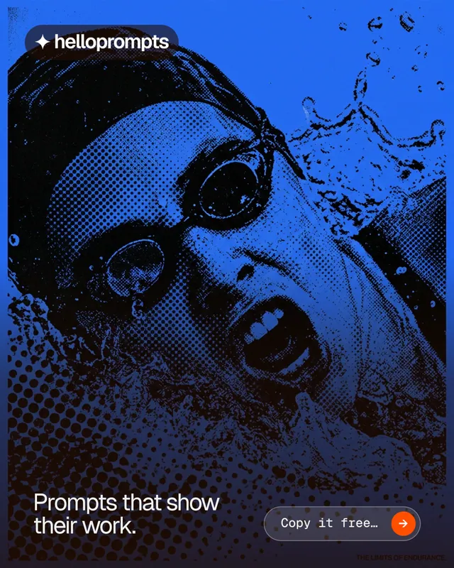 Instagram portrait post for HelloPrompts: "Prompts that show their work." Agentic glass style, image led layout, dark palette in blue, black.