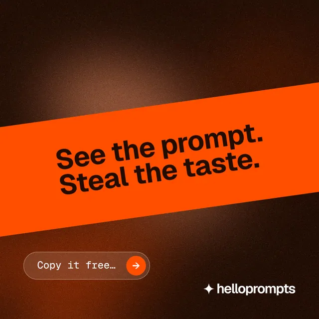 Instagram post for HelloPrompts: "See the prompt. Steal the taste." Agentic glass style, diagonal layout, dark palette in black, orange.