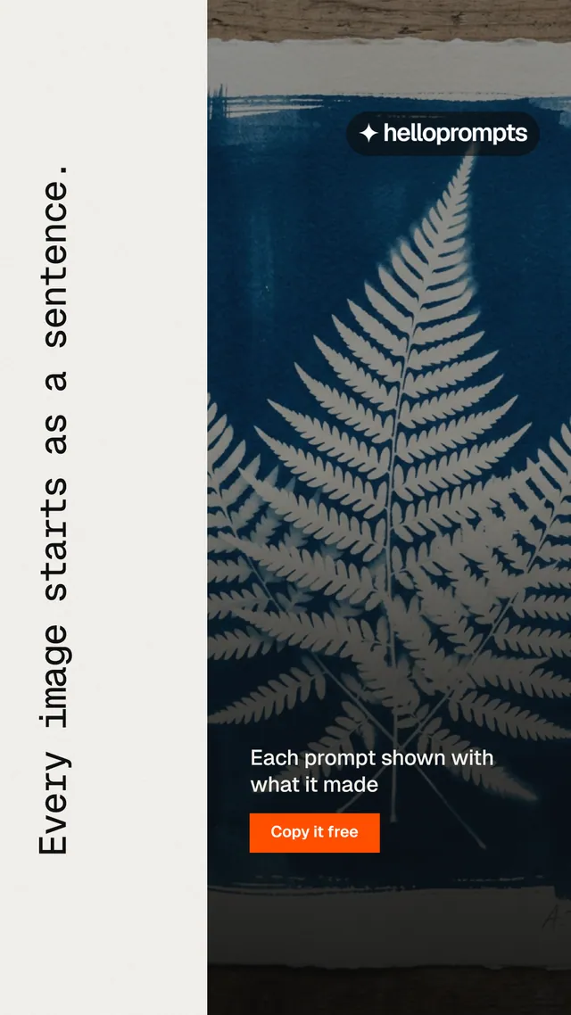 Instagram story for HelloPrompts: "Every image starts as a sentence." Swiss style, vertical layout, light palette in black, white, grey.