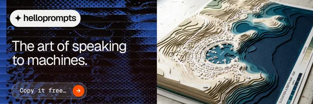 X header for HelloPrompts: "The art of speaking to machines." Agentic glass style, bottom layout, dark palette in grey, black, blue.