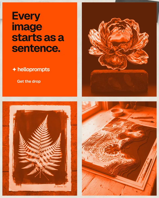 Instagram portrait post for HelloPrompts: "Every image starts as a sentence." Swiss style, collage layout, light palette in orange.
