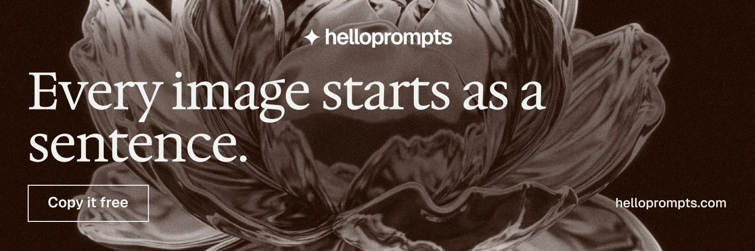 X header for HelloPrompts: "Every image starts as a sentence." Editorial style, poster layout, dark palette in black, grey, orange.