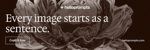 X header for HelloPrompts: "Every image starts as a sentence." Editorial style, poster layout, dark palette in black, grey, orange.