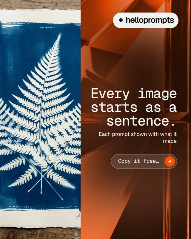 Instagram portrait post for HelloPrompts: "Every image starts as a sentence." Agentic glass style, right layout, dark palette in orange, black, grey.