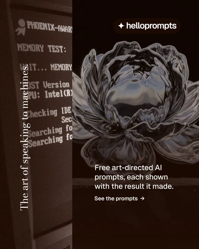 Instagram portrait post for HelloPrompts: "The art of speaking to machines." Minimal luxury style, vertical layout, dark palette in red, grey, black.