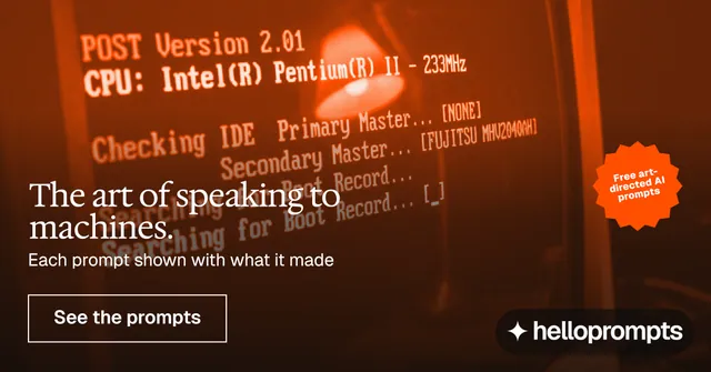 Social ad for HelloPrompts: "The art of speaking to machines." Editorial style, sticker layout, dark palette in orange, black, brown.