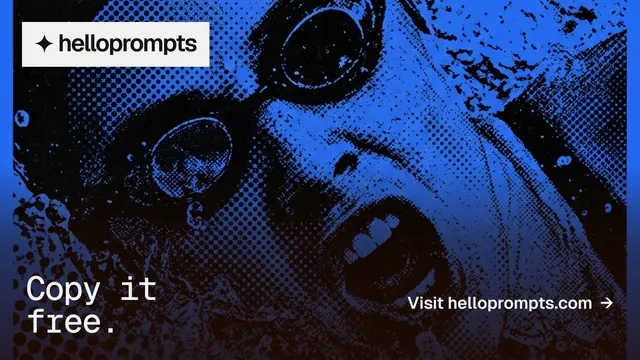Landscape graphic for HelloPrompts: "Copy it free." Swiss style, image led layout, dark palette in blue, black.