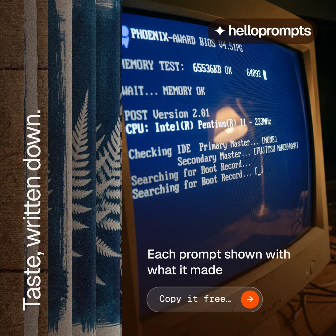 Instagram post for HelloPrompts: "Taste, written down." Agentic glass style, vertical layout, dark palette in blue, orange, grey.