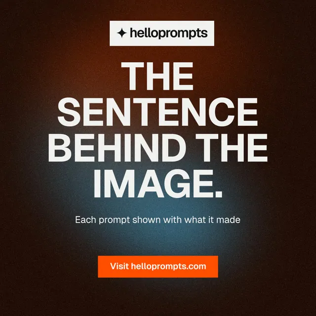 Instagram post for HelloPrompts: "The sentence behind the image." Swiss style, centred layout, dark palette in black, orange, grey.