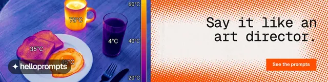 LinkedIn banner for HelloPrompts: "Say it like an art director." Swiss style, right layout, light palette in purple, orange, grey.