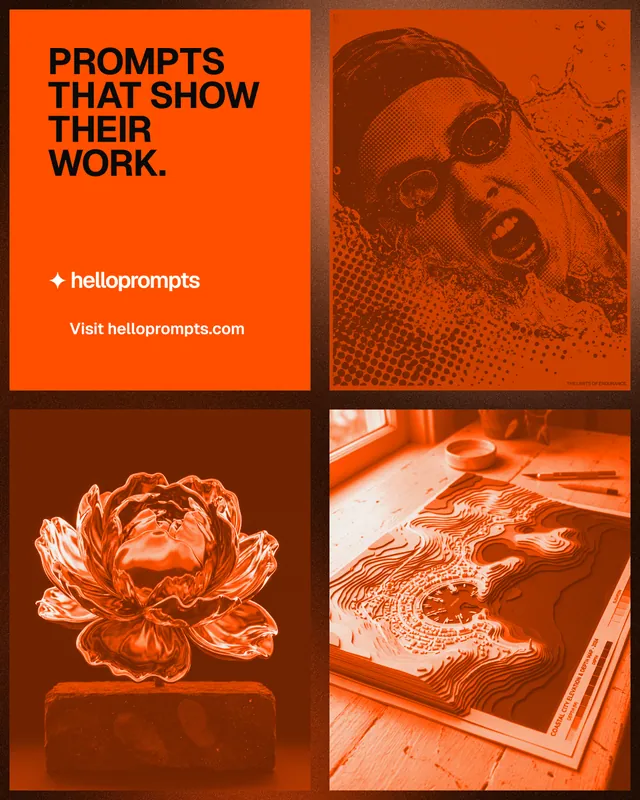 Instagram portrait post for HelloPrompts: "Prompts that show their work." Swiss style, collage layout, dark palette in orange.