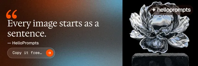 X header for HelloPrompts: "Say it like an art director." Agentic glass style, quote layout, dark palette in grey, black, orange.