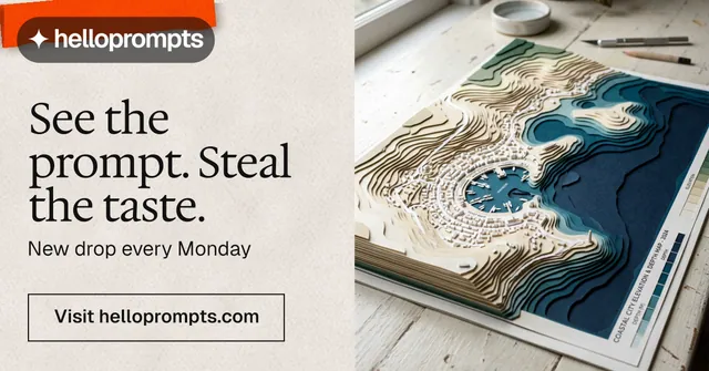 Social ad for HelloPrompts: "See the prompt. Steal the taste." Editorial style, bottom layout, light palette in orange, grey, white.
