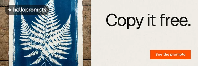 X header for HelloPrompts: "Copy it free." Swiss style, right layout, light palette in blue, yellow, white.