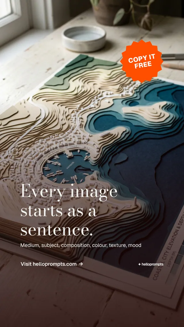 Instagram story for HelloPrompts: "Every image starts as a sentence." Minimal luxury style, sticker layout, dark palette in grey, black, red.