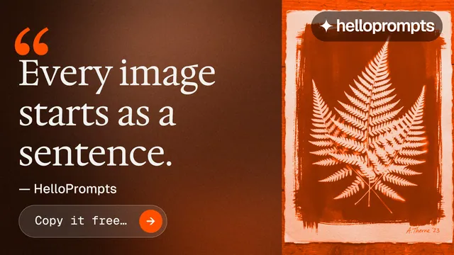 Landscape graphic for HelloPrompts: "The sentence behind the image." Agentic glass style, quote layout, dark palette in orange, brown.