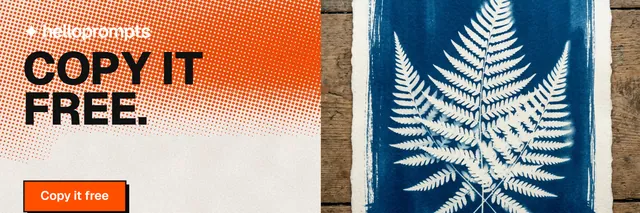 X header for HelloPrompts: "Copy it free." Brutalist style, bottom layout, light palette in orange, grey.