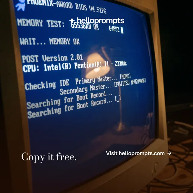 Instagram post for HelloPrompts: "Copy it free." Minimal luxury style, image led layout, dark palette in black, blue, grey.