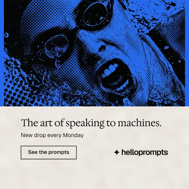 Instagram post for HelloPrompts: "The art of speaking to machines." Editorial style, bottom layout, light palette in blue, black, orange.