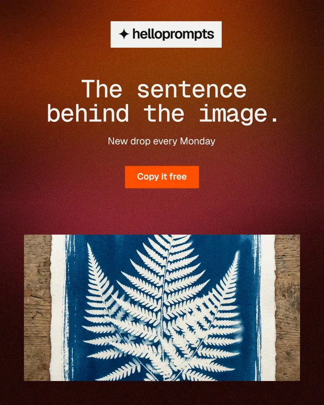 Instagram portrait post for HelloPrompts: "The sentence behind the image." Swiss style, centred layout, dark palette in red, grey, orange.