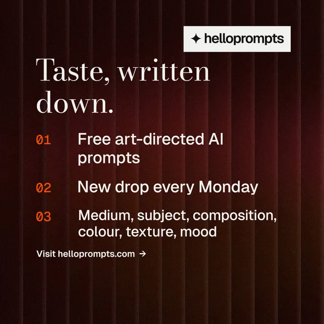 Instagram post for HelloPrompts: "Taste, written down." Minimal luxury style, numbered layout, dark palette in black, red, grey.