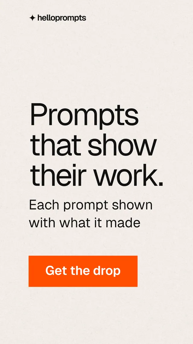 Instagram story for HelloPrompts: "Prompts that show their work." Swiss style, skeleton layout, light palette in white, orange.