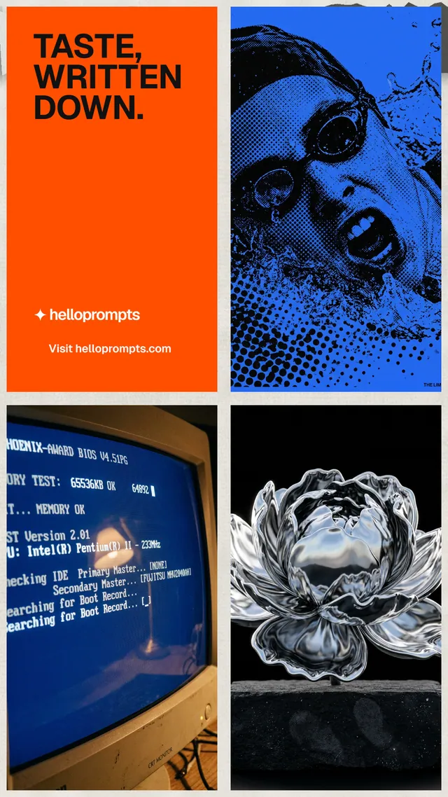 Instagram story for HelloPrompts: "Taste, written down." Swiss style, collage layout, dark palette in black, red, grey.