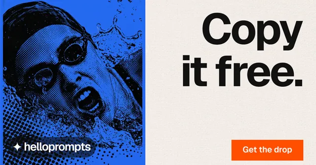 Social ad for HelloPrompts: "Copy it free." Swiss style, right layout, light palette in white, blue, grey.