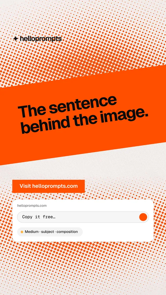 Instagram story for HelloPrompts: "The sentence behind the image." Split block style, diagonal layout, light palette in orange, white.