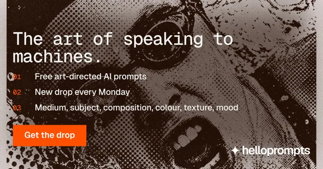 Social ad for HelloPrompts: "The art of speaking to machines." Swiss style, numbered layout, dark palette in orange, black, grey.