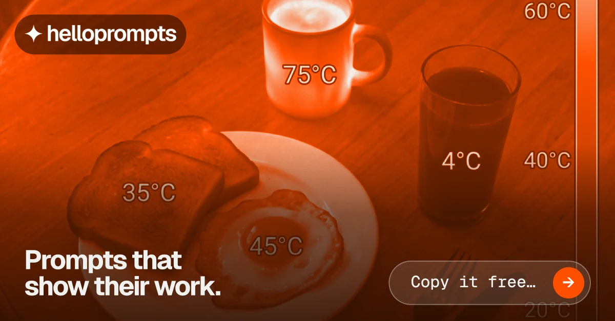 Social ad for HelloPrompts: "Prompts that show their work." Agentic glass style, image led layout, dark palette in orange.