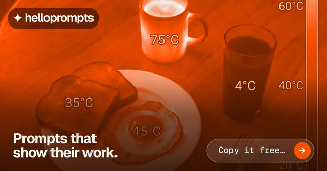 Social ad for HelloPrompts: "Prompts that show their work." Agentic glass style, image led layout, dark palette in orange.