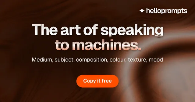 Social ad for HelloPrompts: "The art of speaking to machines." Y2K style, centred layout, dark palette in black, brown, grey.