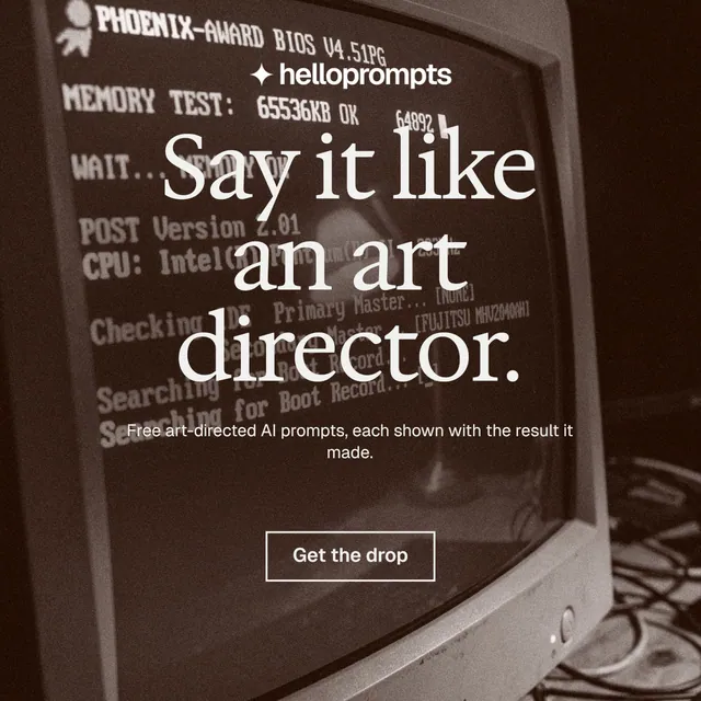 Instagram post for HelloPrompts: "Say it like an art director." Editorial style, centred layout, dark palette in orange, grey, black.