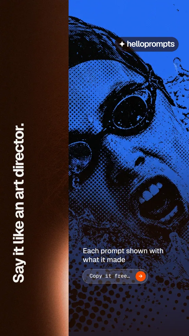 Instagram story for HelloPrompts: "Say it like an art director." Agentic glass style, vertical layout, dark palette in blue, black.