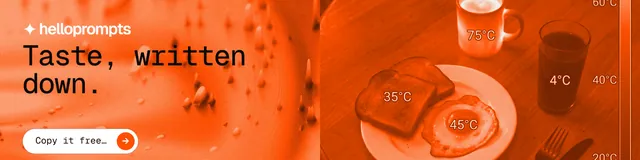 LinkedIn banner for HelloPrompts: "Taste, written down." Agentic glass style, bottom layout, light palette in orange.