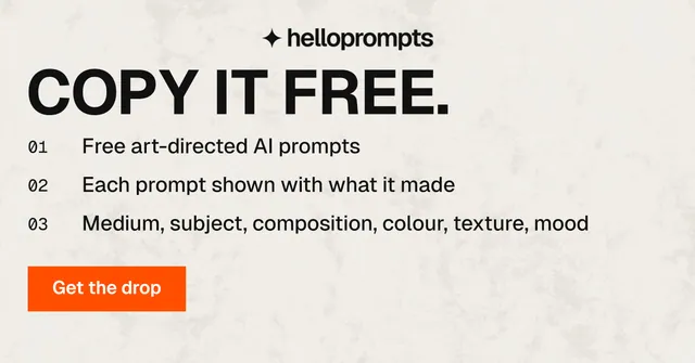 Social ad for HelloPrompts: "Copy it free." Swiss style, numbered layout, light palette in white, yellow, orange.
