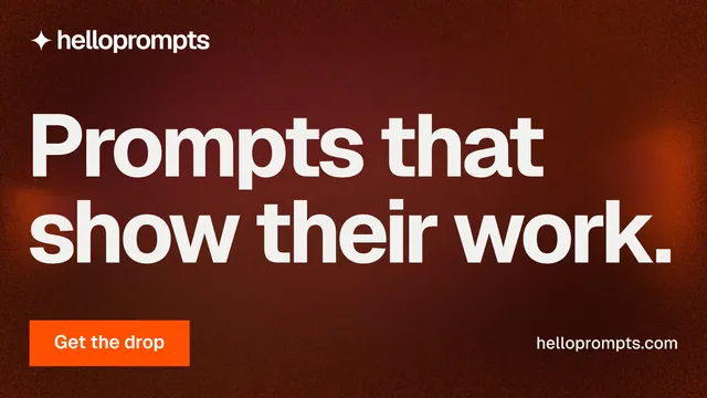 Landscape graphic for HelloPrompts: "Prompts that show their work." Swiss style, poster layout, dark palette in red.