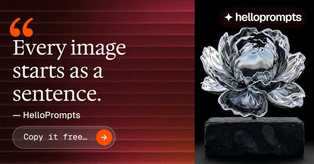 Social ad for HelloPrompts: "The sentence behind the image." Agentic glass style, quote layout, dark palette in black, red, grey.