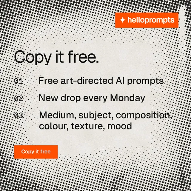 Instagram post for HelloPrompts: "Copy it free." Swiss style, numbered layout, light palette in grey, white.