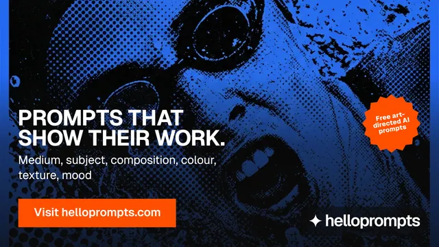 Landscape graphic for HelloPrompts: "Prompts that show their work." Swiss style, sticker layout, dark palette in blue, black.