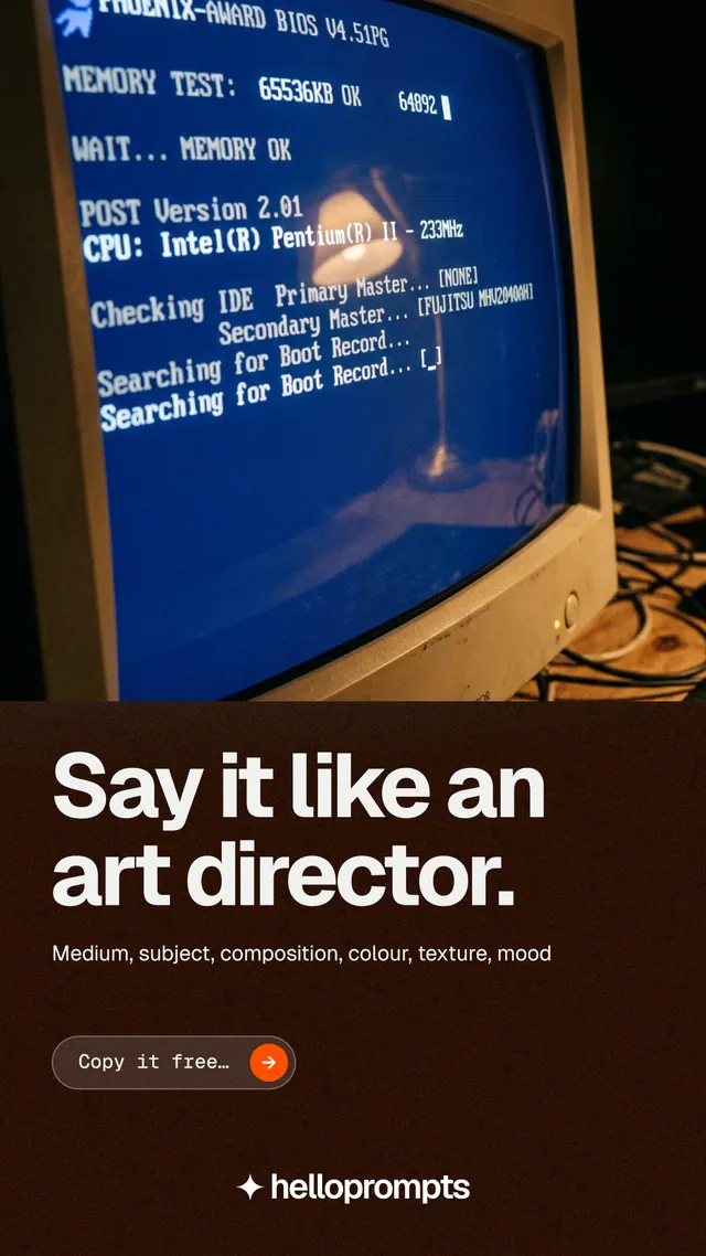 Instagram story for HelloPrompts: "Say it like an art director." Agentic glass style, bottom layout, dark palette in black, blue, grey.