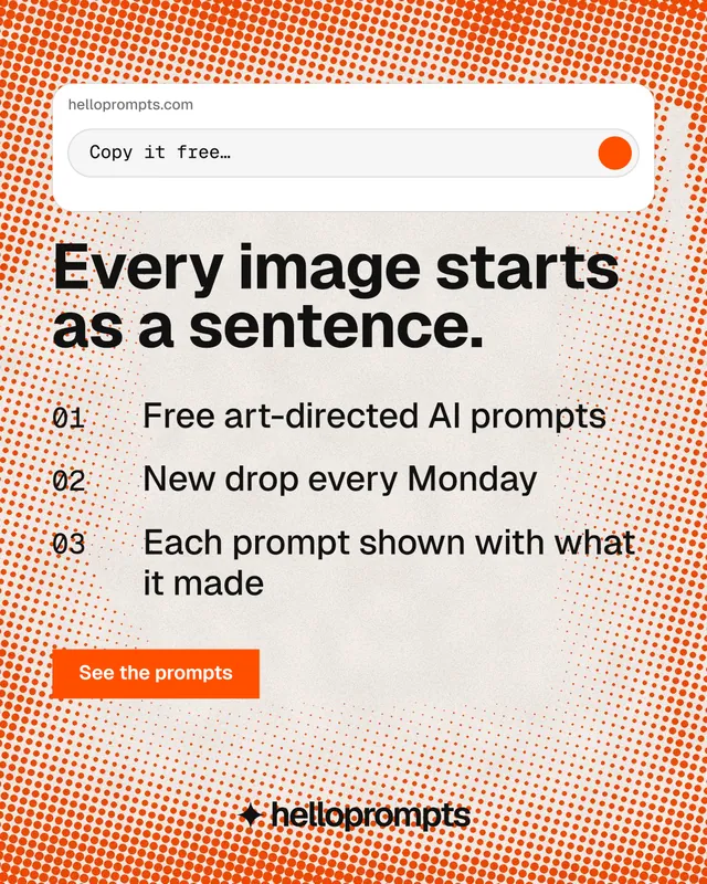 Instagram portrait post for HelloPrompts: "Every image starts as a sentence." Swiss style, numbered layout, light palette in orange, white.
