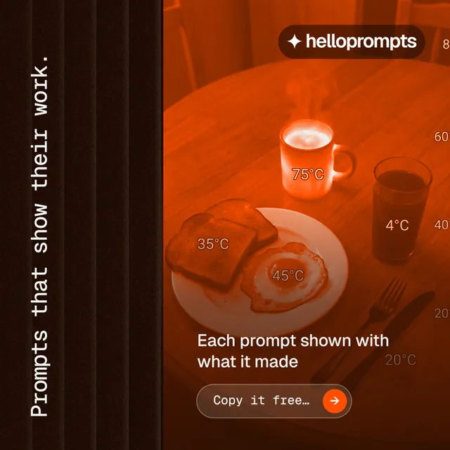 Instagram post for HelloPrompts: "Prompts that show their work." Agentic glass style, vertical layout, dark palette in black, orange.