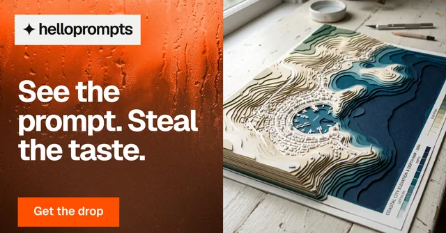 Social ad for HelloPrompts: "See the prompt. Steal the taste." Swiss style, bottom layout, light palette in white, orange, black.